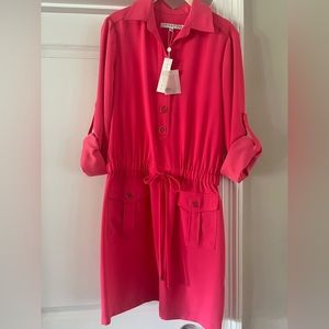 Bright pink Trina Turk shirt dress with button and drawstring.  Size small